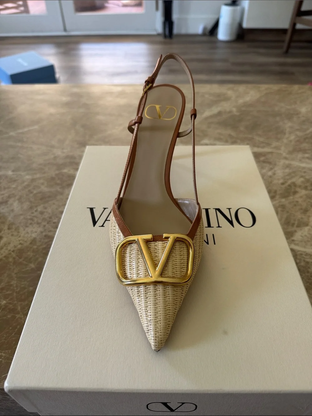 Valentino VOLGO Pointed Toe Slingback Heel with Gold Buckle